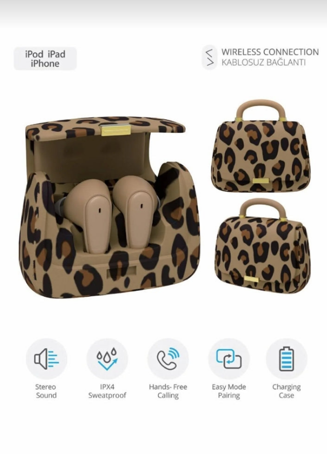 Leopar çantalı kablosuz kulaklık / Leopard case wireless headphones