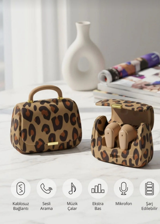 Leopar çantalı kablosuz kulaklık / Leopard case wireless headphones